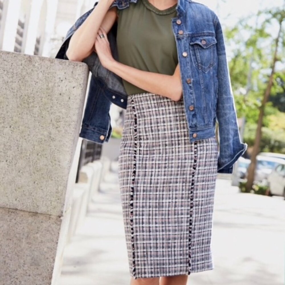 J.Crew NWT Tweed Pencil Skirt Sz 10 Red‎ White Blue Plaid Preppy